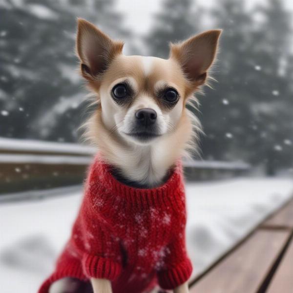 Dog wearing a sweater in the winter