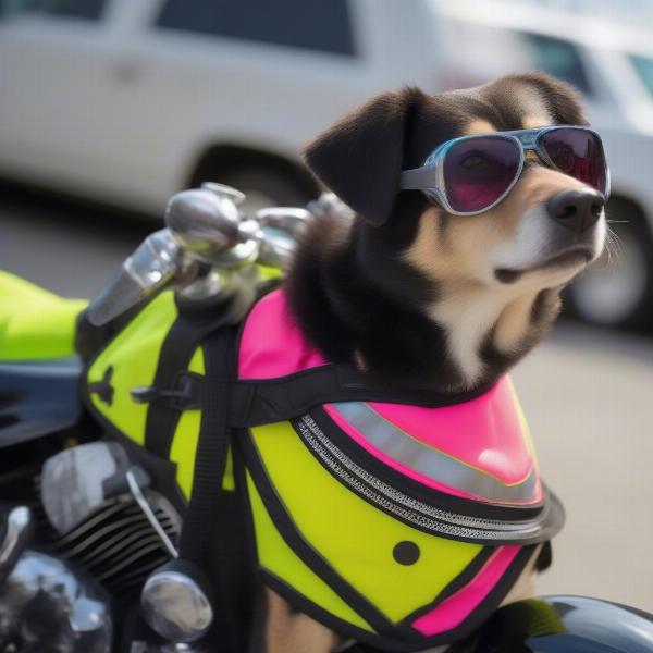 Dog wearing a biker vest on a motorcycle