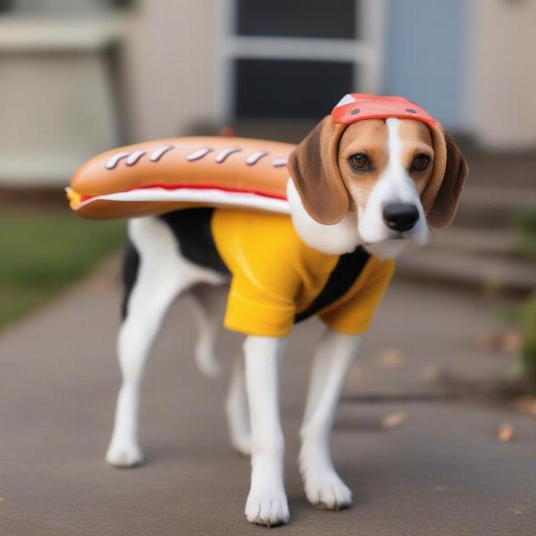 Dog wearing hot dog costume safely