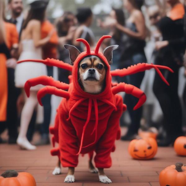 Dog in lobster costume at Halloween party