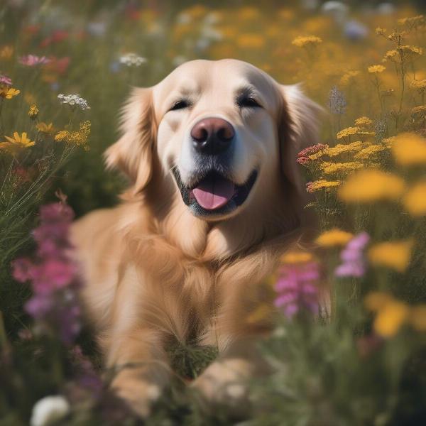 Dog resting in a wildflower meadow