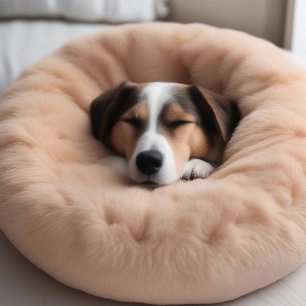 A dog sleeping peacefully in a donut bed