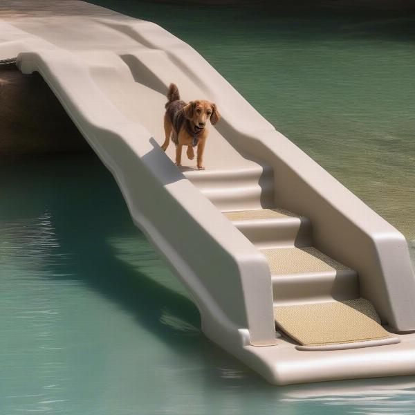 Dog using a pool ramp