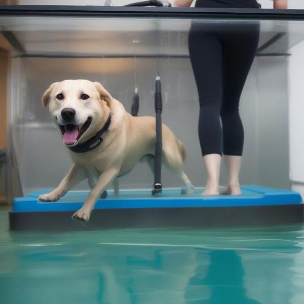 Dog exercising on an underwater treadmill