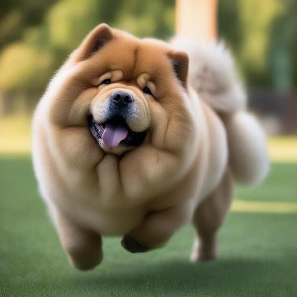 Chow Chow playing in a fenced yard