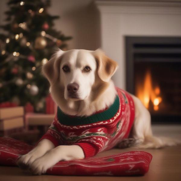 Christmas Dog by the Fireplace