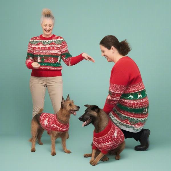 Dog trying on different sizes of Christmas jumpers