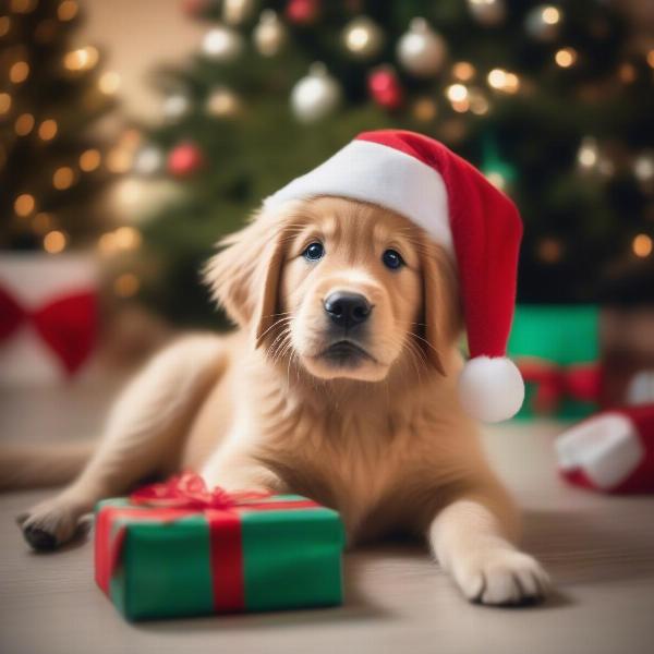 Playful Pup with Christmas Hat