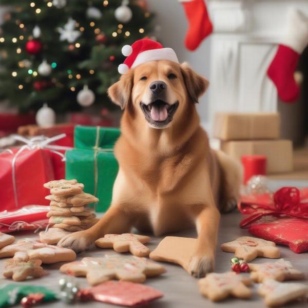 Dog enjoying Christmas treats