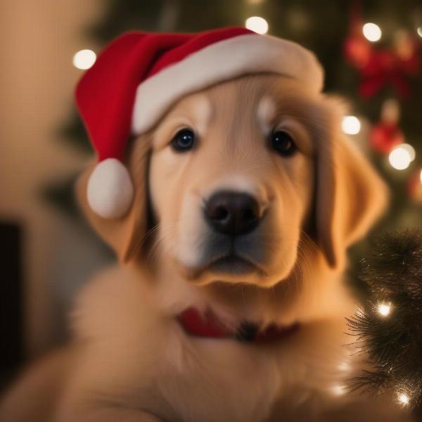 Dog wearing a Santa hat sitting by the Christmas tree