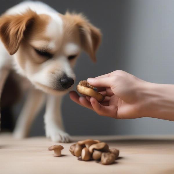 Owner giving a dog shiitake mushrooms