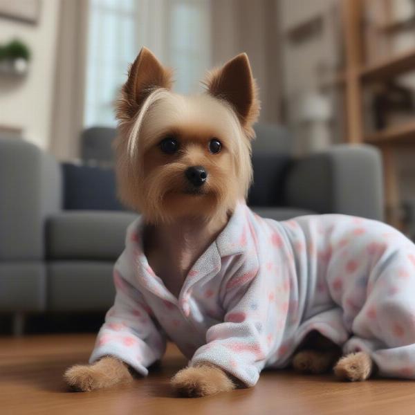 Dog wearing matching pajamas