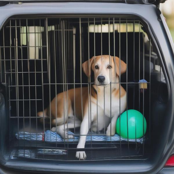 A dog comfortably resting in a car cage during a road trip