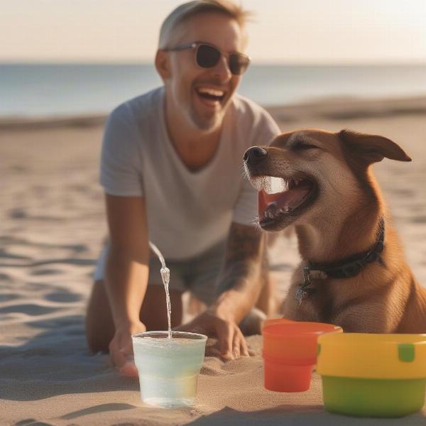 Dog owner giving water to their dog on the beach