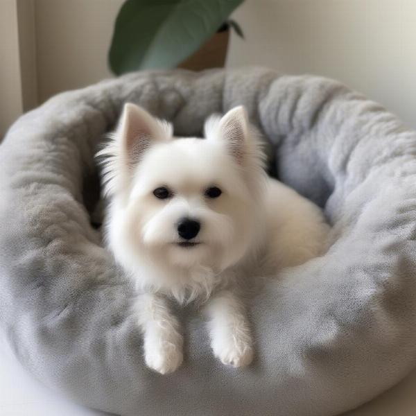 Small dog curled up in a circular dog bed