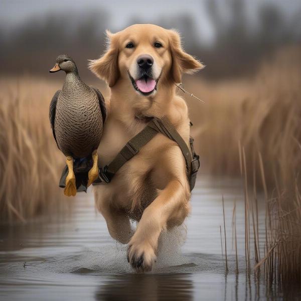 Classic Duck Hunting Dog Names: Golden Retriever retrieving a duck