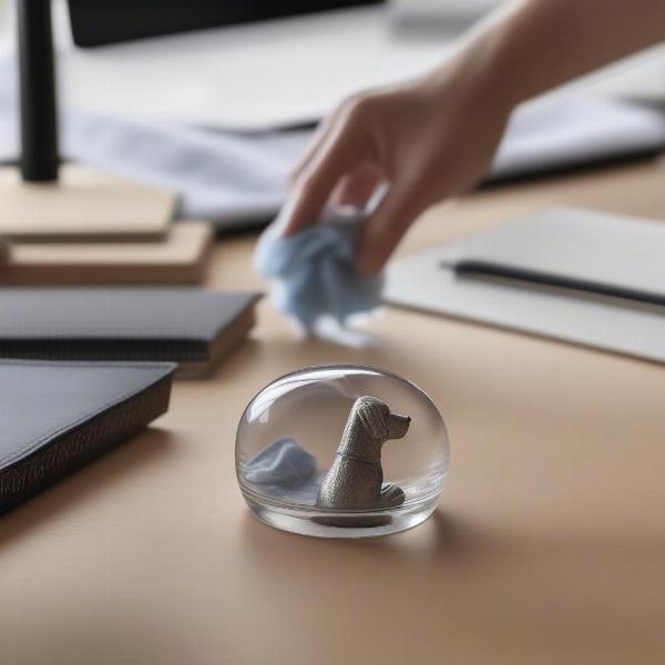 Cleaning a glass dog paperweight and displaying it on a desk