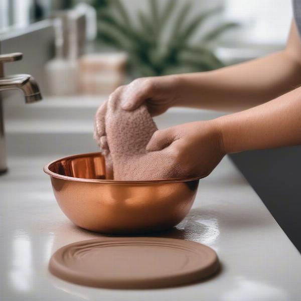 Cleaning a copper dog bowl with soap and water