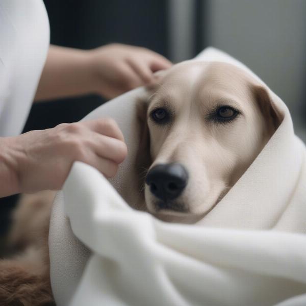 Cleaning a dog's face with a warm, damp cloth