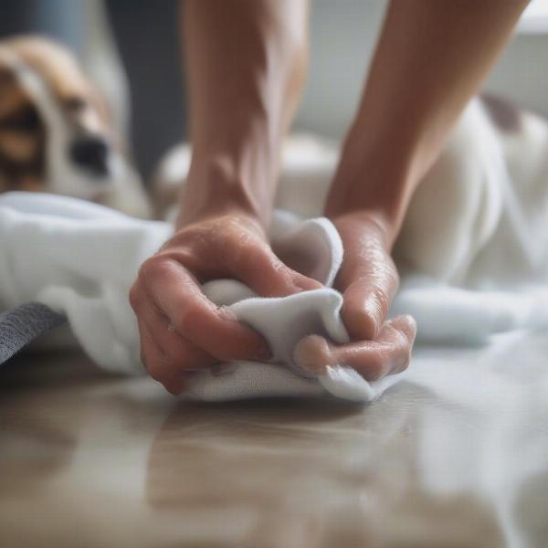 Cleaning a dog's injured paw pad