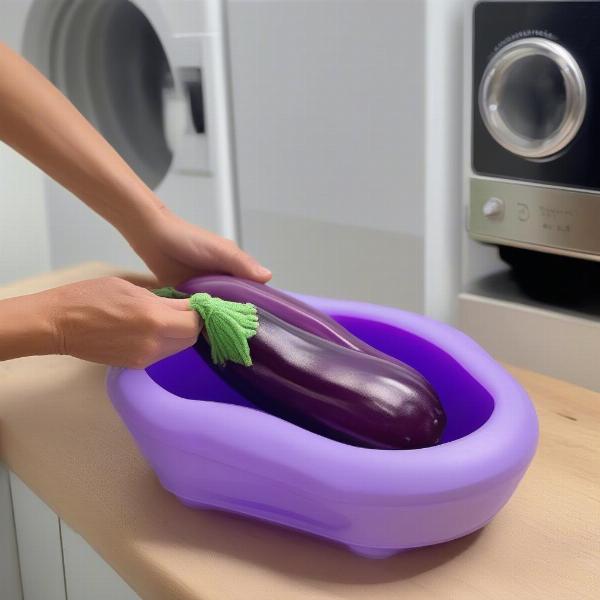 Washing an eggplant dog toy