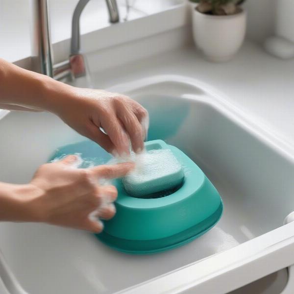 Cleaning a foldable dog bowl with soap and water