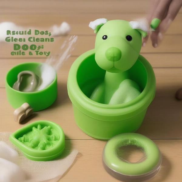 Cleaning green dog toys with natural soap and water.