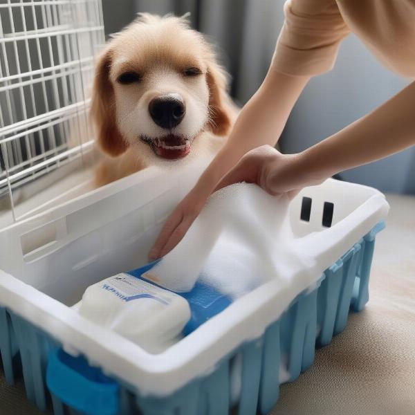 Cleaning a small dog crate with pet-safe disinfectant.