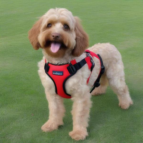 Cockapoo wearing a harness