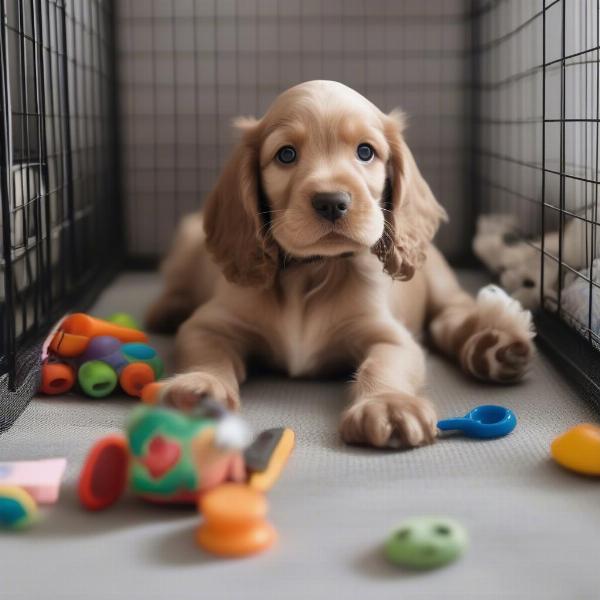 Cocker Spaniel puppy in crate with toys