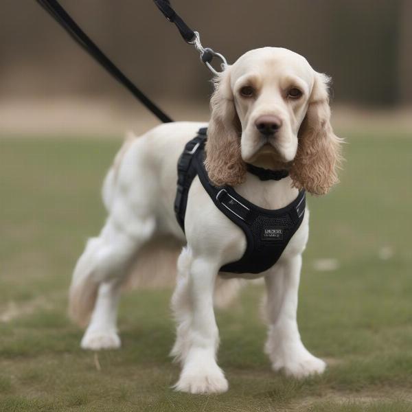 Cocker Spaniel wearing a harness