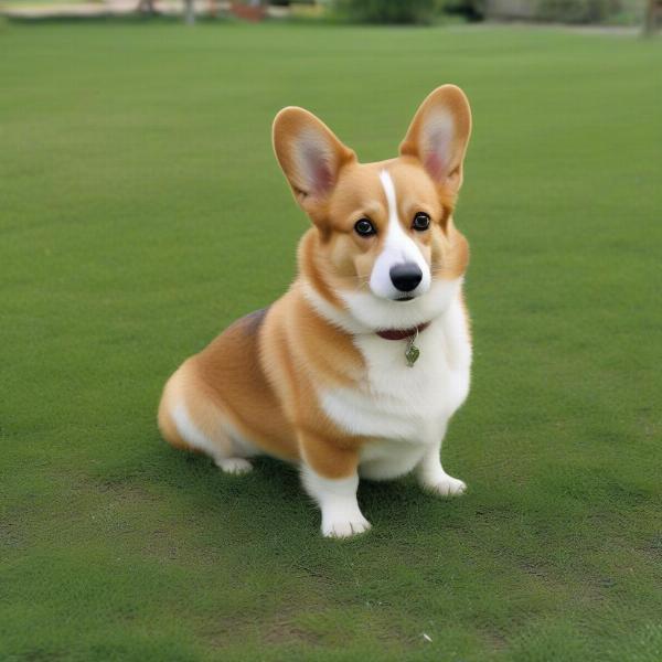 Pembroke Welsh Corgi with yellow-brown eyes in grass