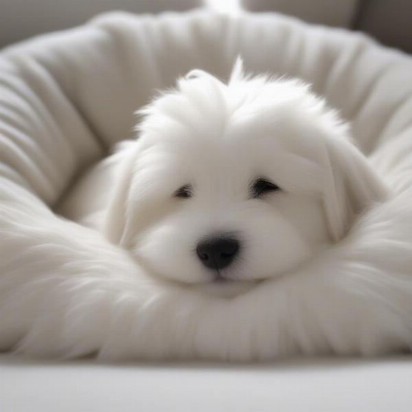 A Coton de Tulear puppy sleeping peacefully in a cozy dog bed.