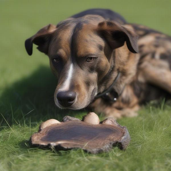 Dog chewing on a cow hoof