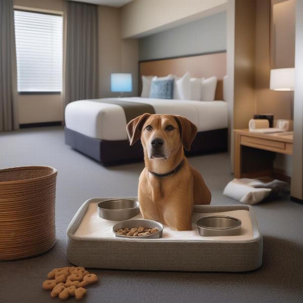 Dog-friendly hotel amenities in Crescent City: spacious room with dog bed, water bowl, and welcome treats.