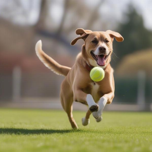 Cur Lab mix dog playing fetch in a park