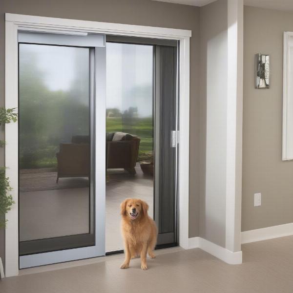 Custom-made dog door in a glass sliding door