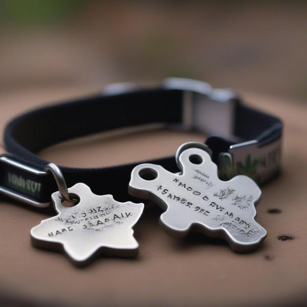 Close-up of customized dog tags on a dog's collar in a Canadian park