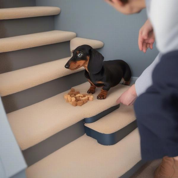 Dachshund being lured onto stairs