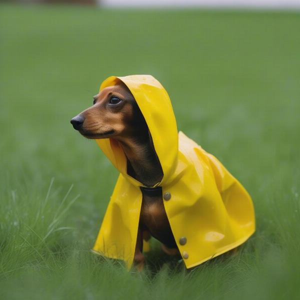 Dachshund in a yellow raincoat