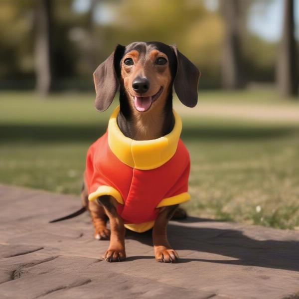 Dachshund wearing a hot dog costume