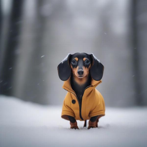 Dachshund wearing a coat in the winter