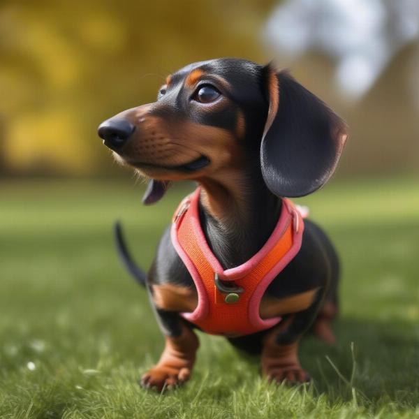 Dachshund wearing a well-fitted harness in a UK park