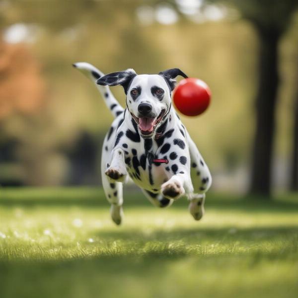 Dalmatian playing fetch in a park