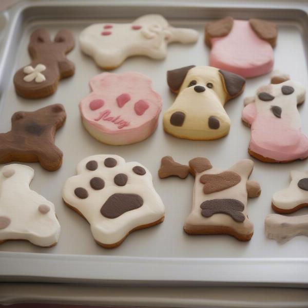 Beautifully decorated dog cakes with various designs: paw prints, bone shapes, dog names