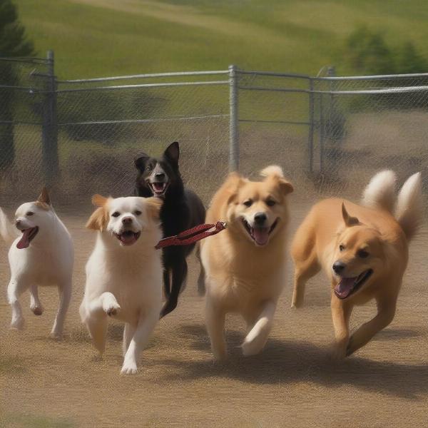 Dogs playing freely at Deer Ridge Off-Leash Dog Trailhead