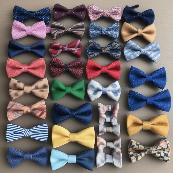 Various dog bow ties in different colors, patterns, and attachment styles