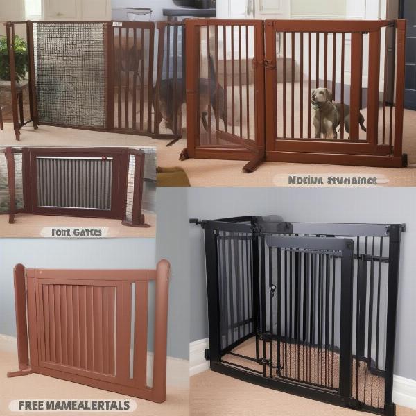 Different types of free-standing dog gate materials: metal, wood, plastic, and mesh.