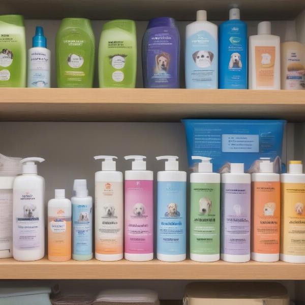 Various bottles of dog allergy shampoo on a shelf