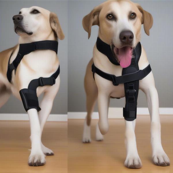 Different types of dog back leg braces: hock, knee, and hip supports.